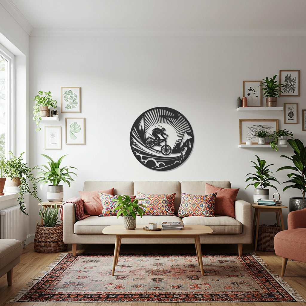 Mountain Bike Metal Wall Art, Cyclist Adventure Decor, Modern Outdoor Sports Sculpture, Minimalist Round Wall Decoration for Home & Office