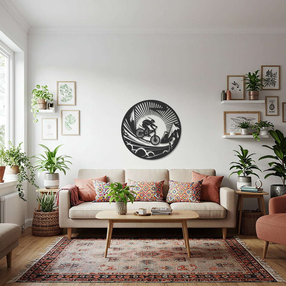 Mountain Bike Metal Wall Art, Cyclist Adventure Decor, Modern Outdoor Sports Sculpture, Minimalist Round Wall Decoration for Home & Office