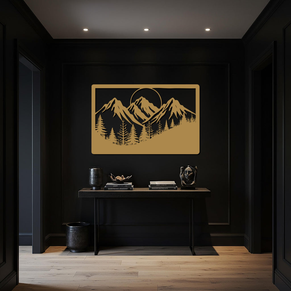 Mountain Landscape Metal Wall Art, Nature Inspired Decor, Rustic Cabin Wall Sculpture, Modern Rectangular Wall Hanging for Living Room