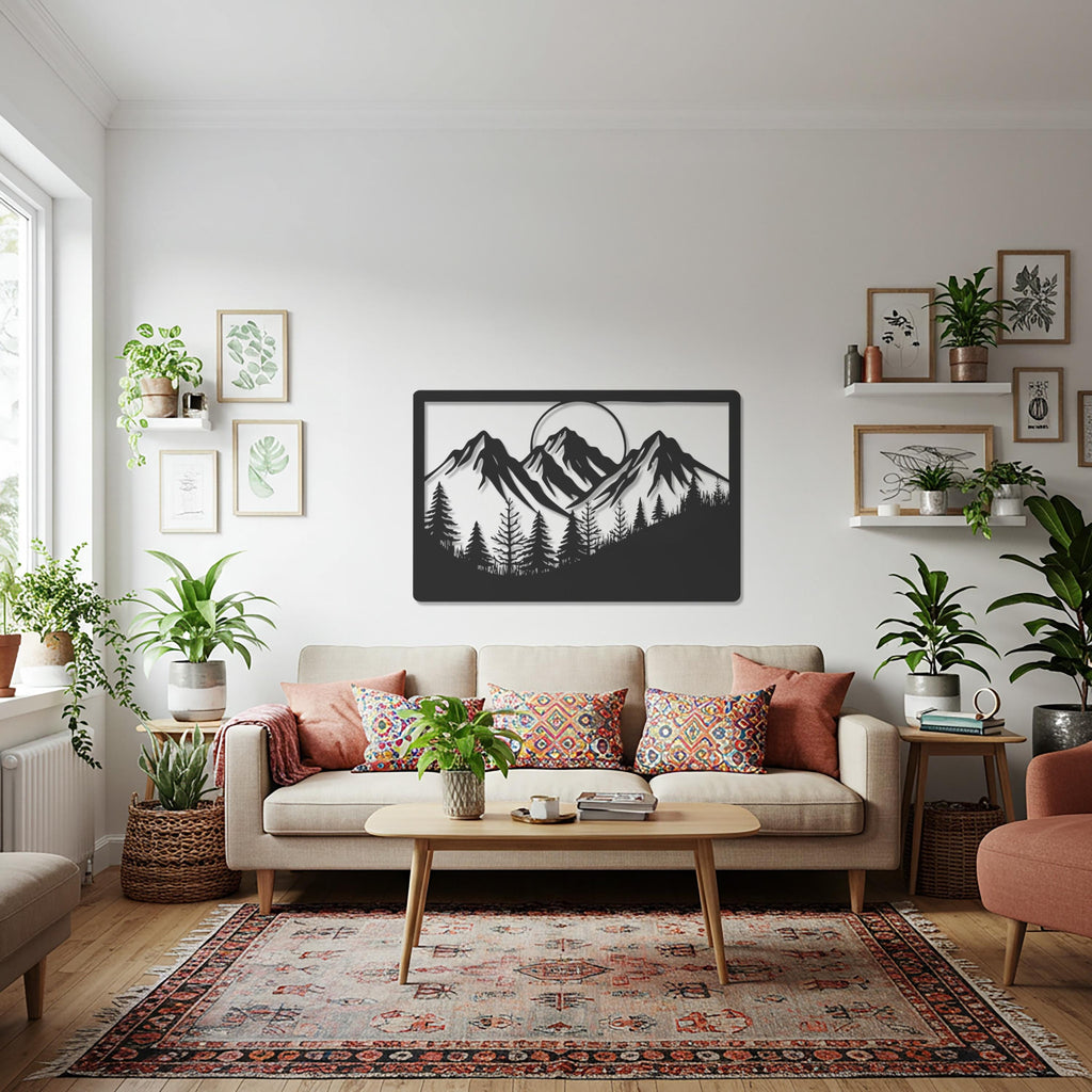 Mountain Landscape Metal Wall Art, Nature Inspired Decor, Rustic Cabin Wall Sculpture, Modern Rectangular Wall Hanging for Living Room