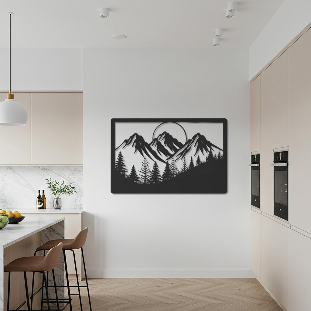 Mountain Landscape Metal Wall Art, Nature Inspired Decor, Rustic Cabin Wall Sculpture, Modern Rectangular Wall Hanging for Living Room