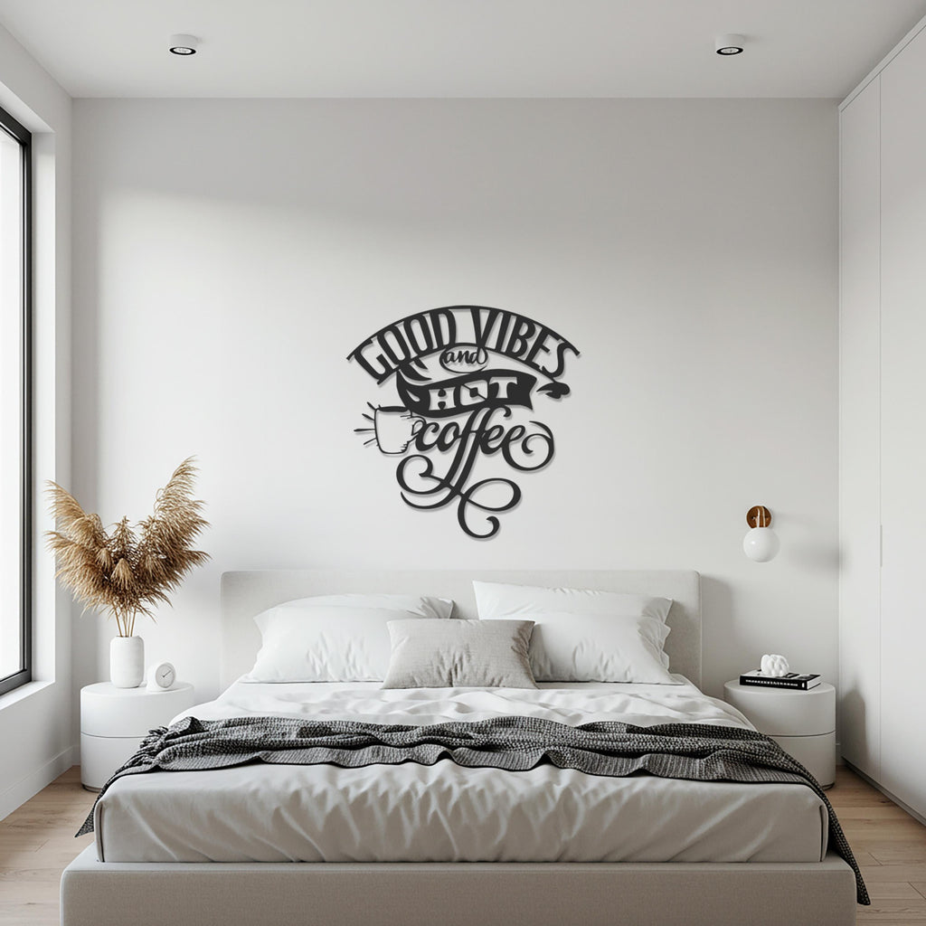 Coffee Metal Wall Art, Good Vibes and Hot Coffee Kitchen Decor, Modern Cafe Quote Metal Sign, Stylish Black Coffee Wall Sculpture