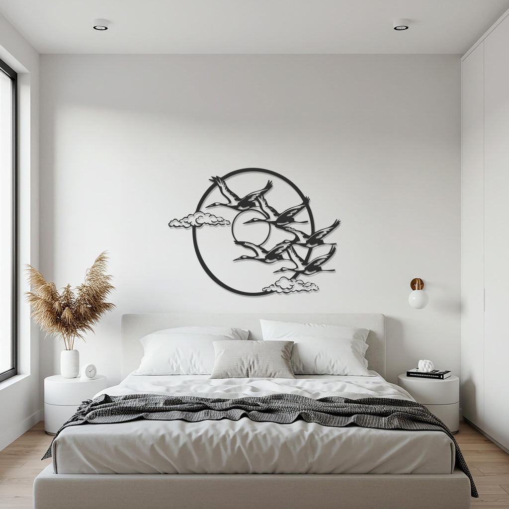 Flying Birds Metal Wall Art, Minimalist Black Bird Silhouette with Circle and Clouds, Modern Nature-Inspired Metal Wall Décor Accent