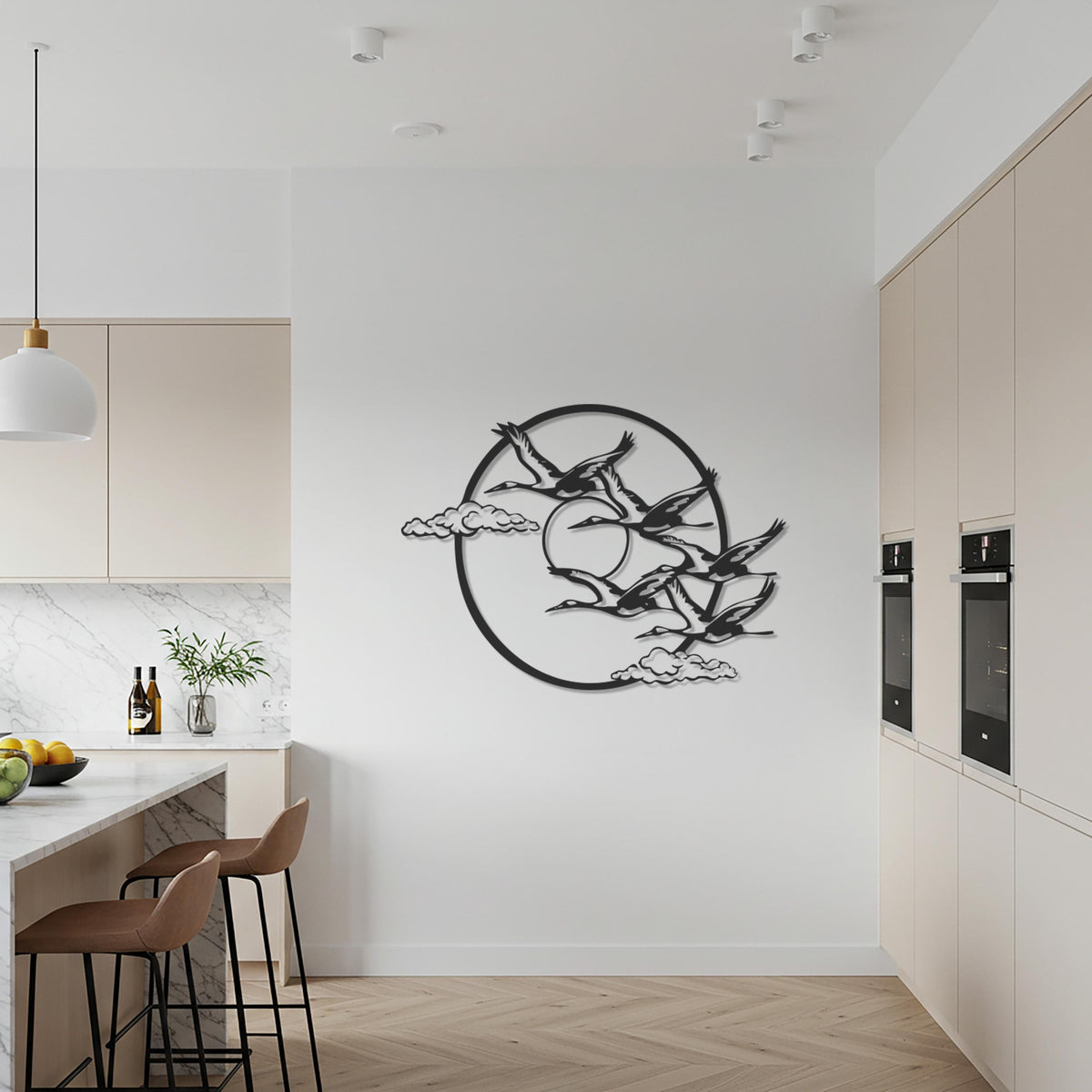Flying Birds Metal Wall Art, Minimalist Black Bird Silhouette with Circle and Clouds, Modern Nature-Inspired Metal Wall Décor Accent