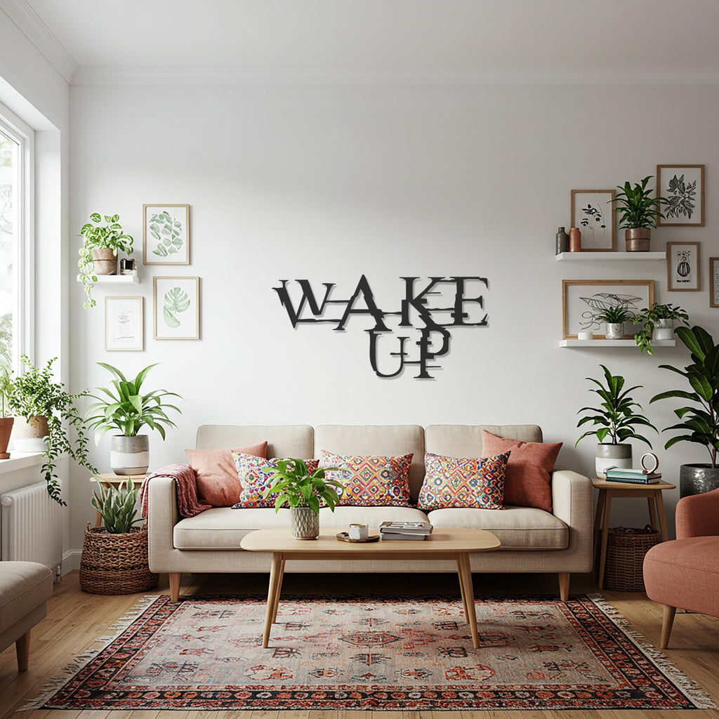 Wake Up Metal Wall Art, Modern Motivational Word Sign, Bold Black Typography Metal Decor, Inspirational Wall Sculpture for Home or Office