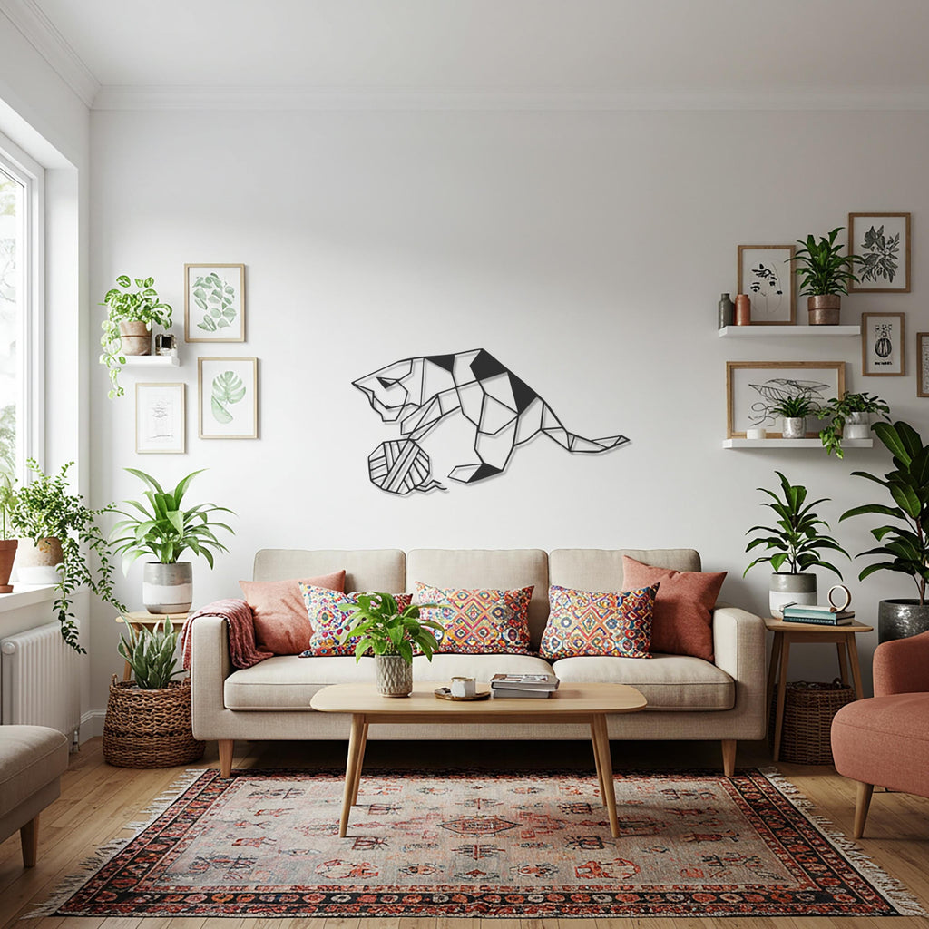 Geometric Cat Metal Wall Art, Modern Cat Lover Decor, Minimalist Animal Wall Hanging, Unique Cat Silhouette Design, Gift for Cat Owners