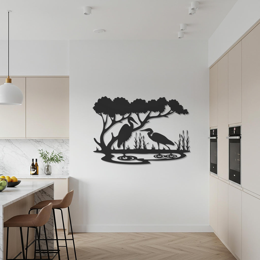 Bird Metal Wall Art, Nature Wall Decor, Heron Silhouette Metal Sign, Lake Scene Wall Hanging, Modern Rustic Wildlife Artwork, Gift for Home