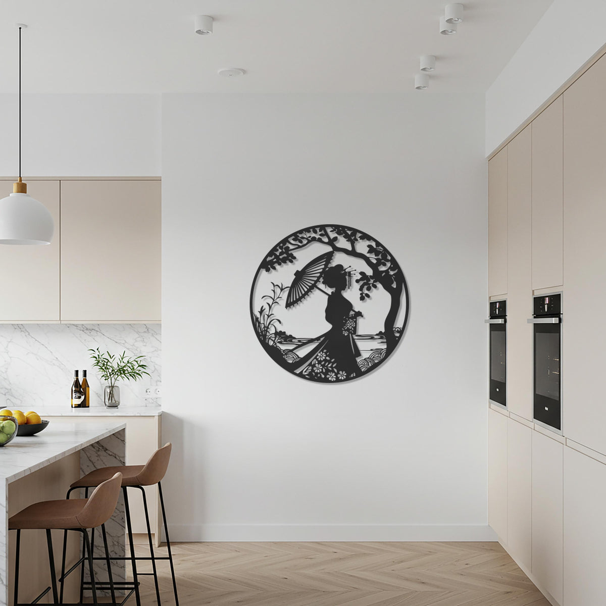 Silhouette Lady Metal Wall Art, Elegant Woman with Umbrella Decor, Nature Inspired Round Wall Sculpture for Living Room or Kitchen