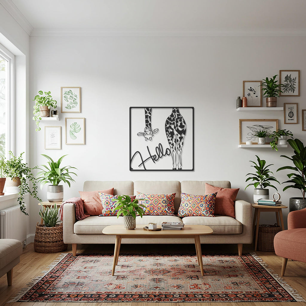 Hello Giraffe Metal Wall Art, Modern Animal Wall Decor, Playful Giraffe Wall Sculpture for Living Room, Nursery, Kids Room or Entryway