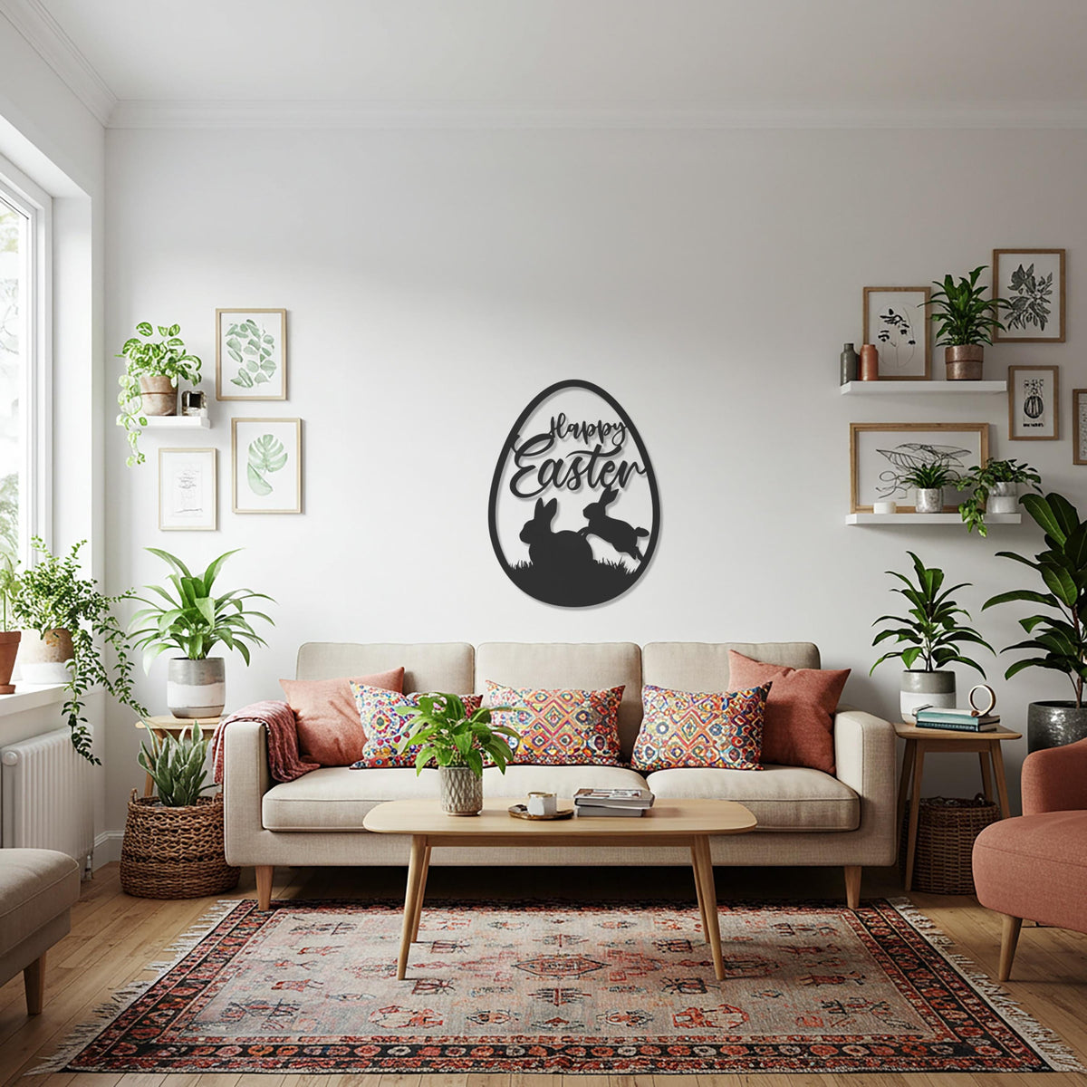 Happy Easter Metal Wall Decor, Bunny Egg Silhouette Sign, Festive Spring Wall Accent for Home, Living Room, Kitchen or Seasonal Decoration