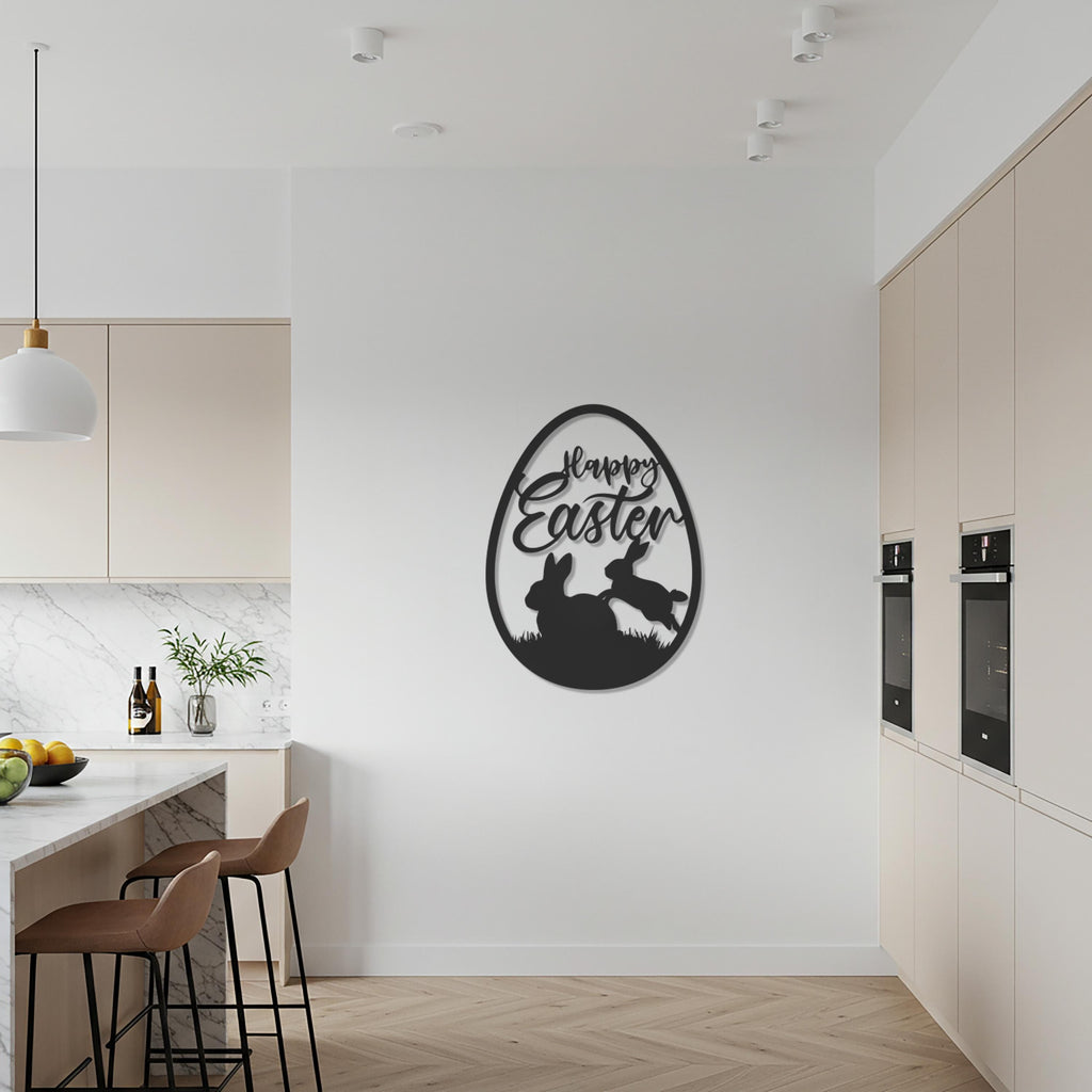 Happy Easter Metal Wall Decor, Bunny Egg Silhouette Sign, Festive Spring Wall Accent for Home, Living Room, Kitchen or Seasonal Decoration