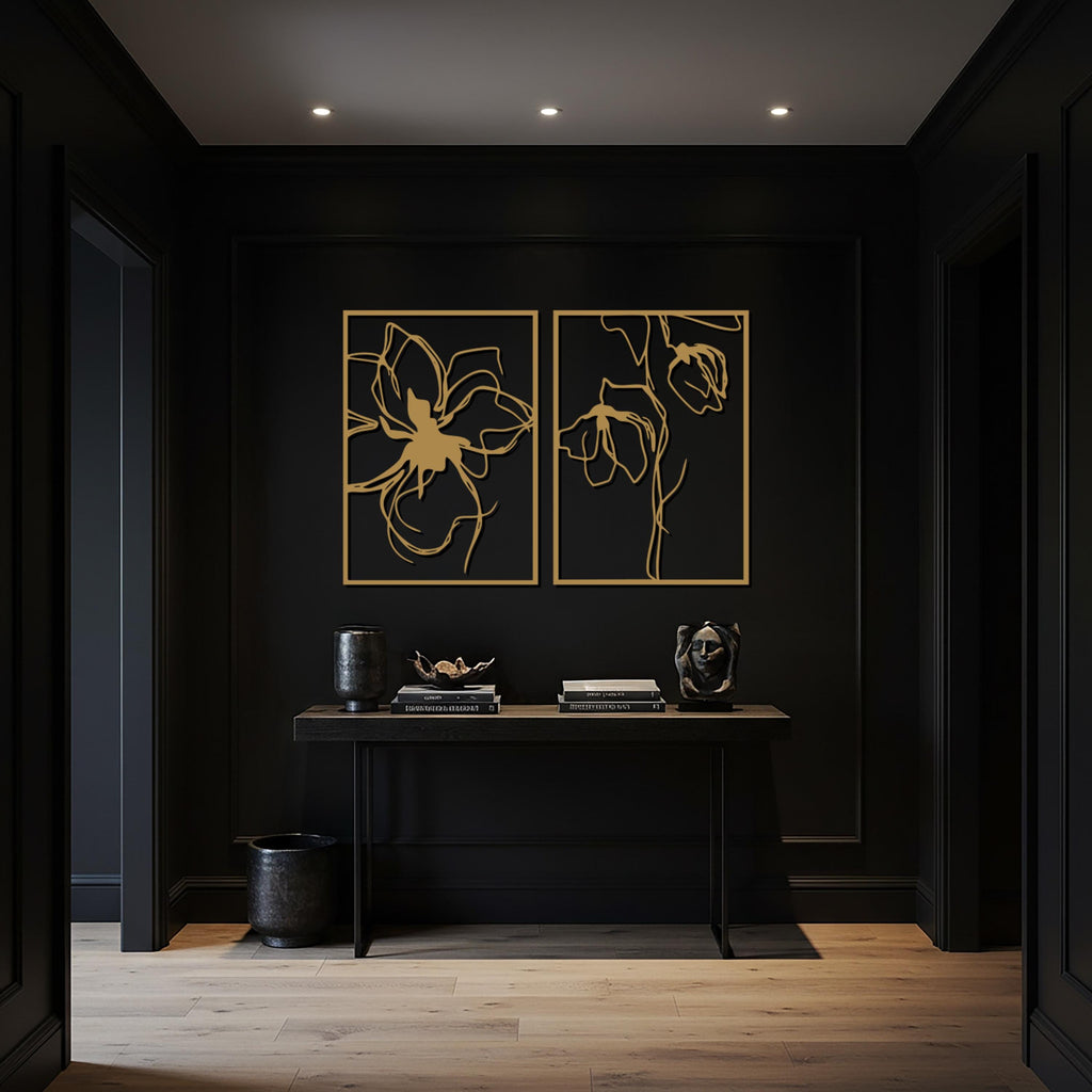 Minimalist Flower Line Art Metal Wall Decor, 2 Piece Modern Botanical Wall Art Set, Elegant Metal Floral Wall Accent for Living Room