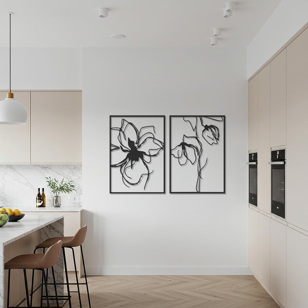 Minimalist Flower Line Art Metal Wall Decor, 2 Piece Modern Botanical Wall Art Set, Elegant Metal Floral Wall Accent for Living Room