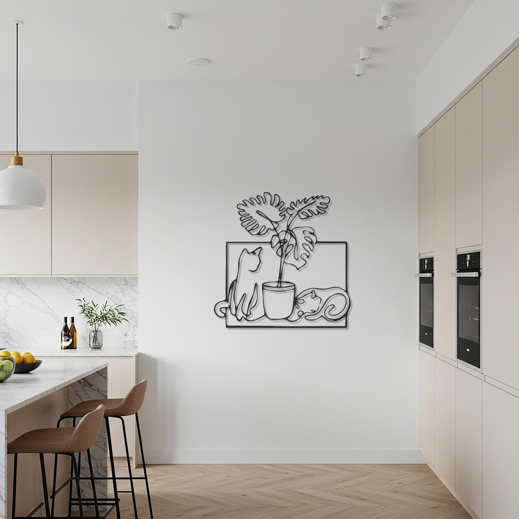Cats and Plant Metal Wall Art, Minimalist Cat Line Art with Monstera Leaf, Modern Black Steel Wall Decor for Kitchen Living Room