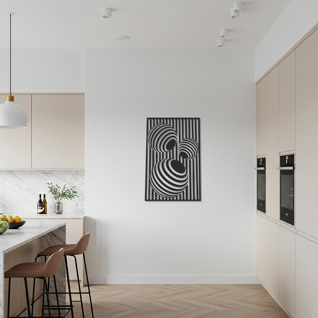Geometric Abstract Metal Wall Art, Modern Optical Illusion Steel Panel, Bold Black Striped Home Decor for Contemporary Interiors