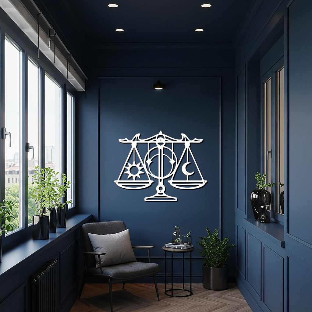 Balance Scales, Sun and Moon Metal Wall Art, Spiritual Justice Symbol, Modern Abstract Decor, Unique Gift for Harmony and Home Design