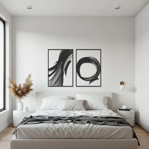 Abstract Brush Strokes, Modern Metal Wall Art, Two-Piece Minimalist Black Line Artwork for Contemporary Homes and Creative Interiors