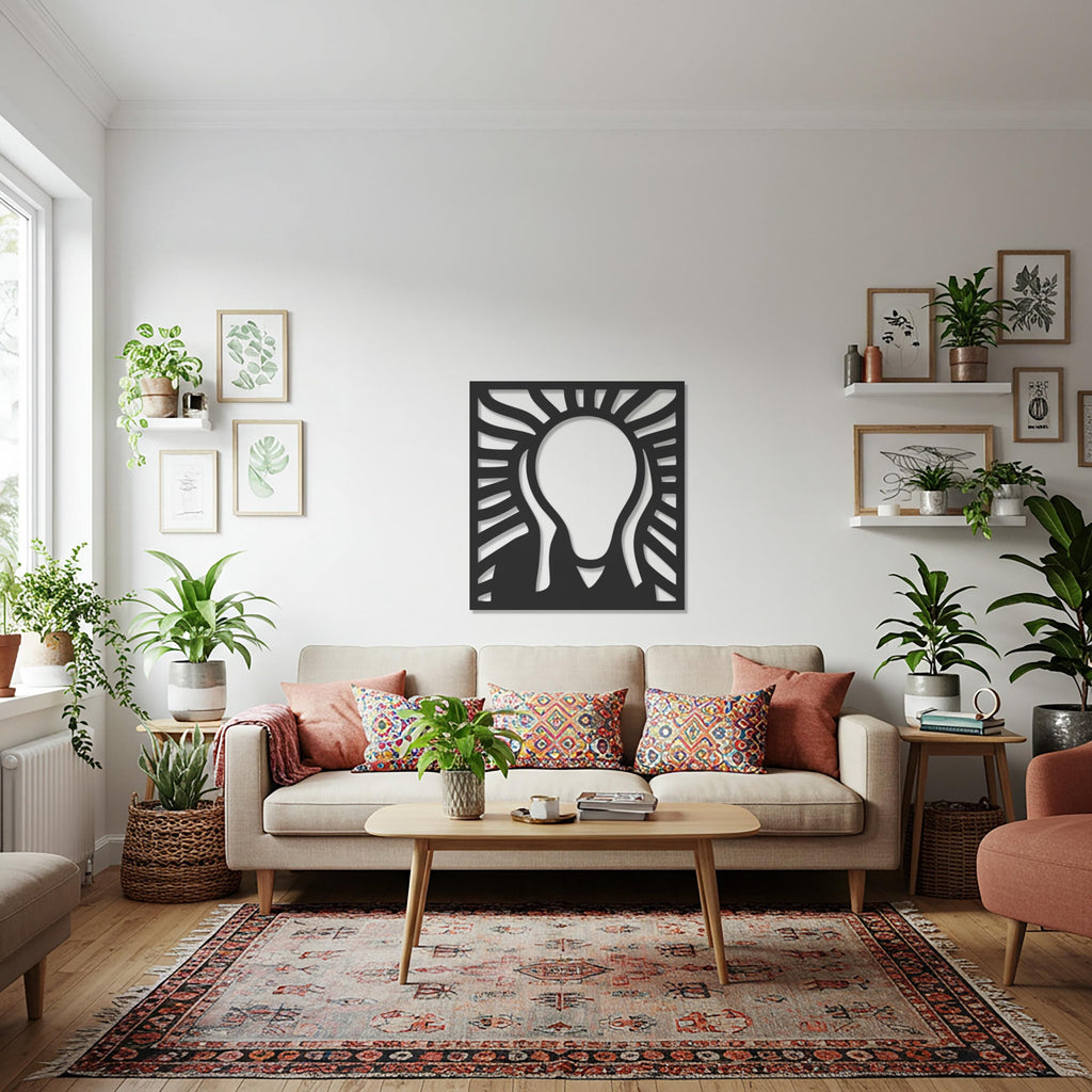 Light Bulb Metal Wall Art, Creative Idea Decor, Modern Abstract Square Sculpture, Minimalist Innovation Artwork for Home & Office