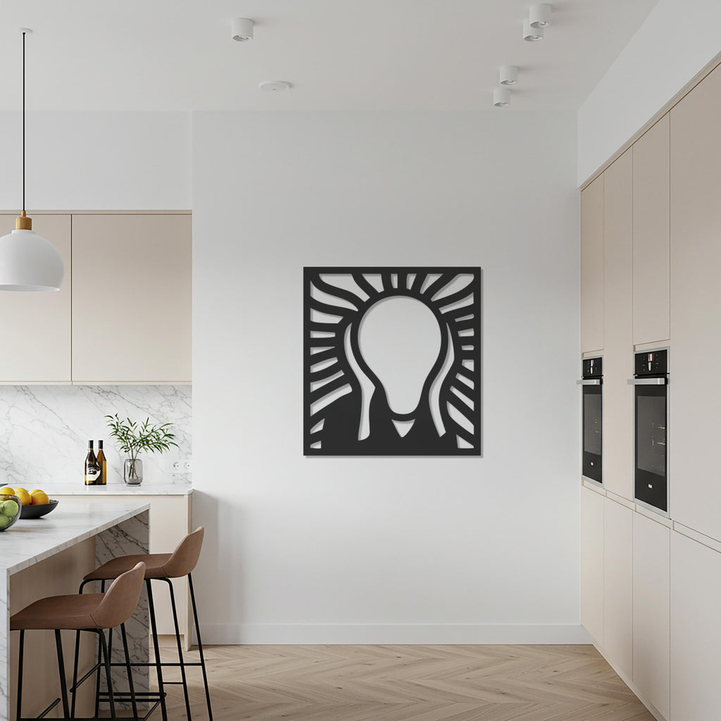 Light Bulb Metal Wall Art, Creative Idea Decor, Modern Abstract Square Sculpture, Minimalist Innovation Artwork for Home & Office