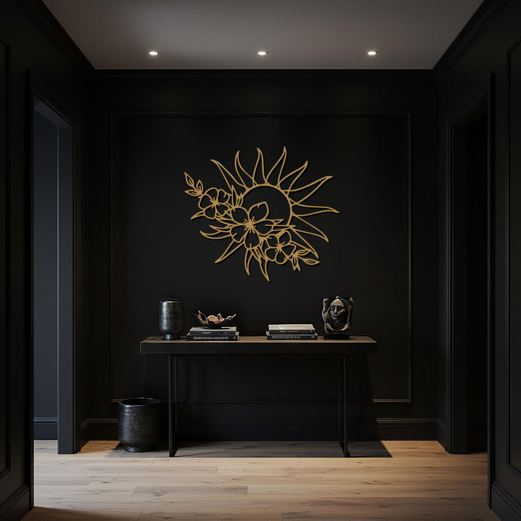 Sun and Flower Metal Wall Art, Modern Nature Decor, Elegant Floral Sculpture, Bohemian Sun Wall Hanging, Contemporary Living Room Decoration