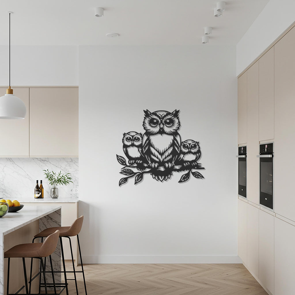 Owl Family Metal Wall Art, Minimalist Black Owl Silhouette on Branch, Modern Rustic Nature-Inspired Bird Wall Sculpture for Stylish Homes