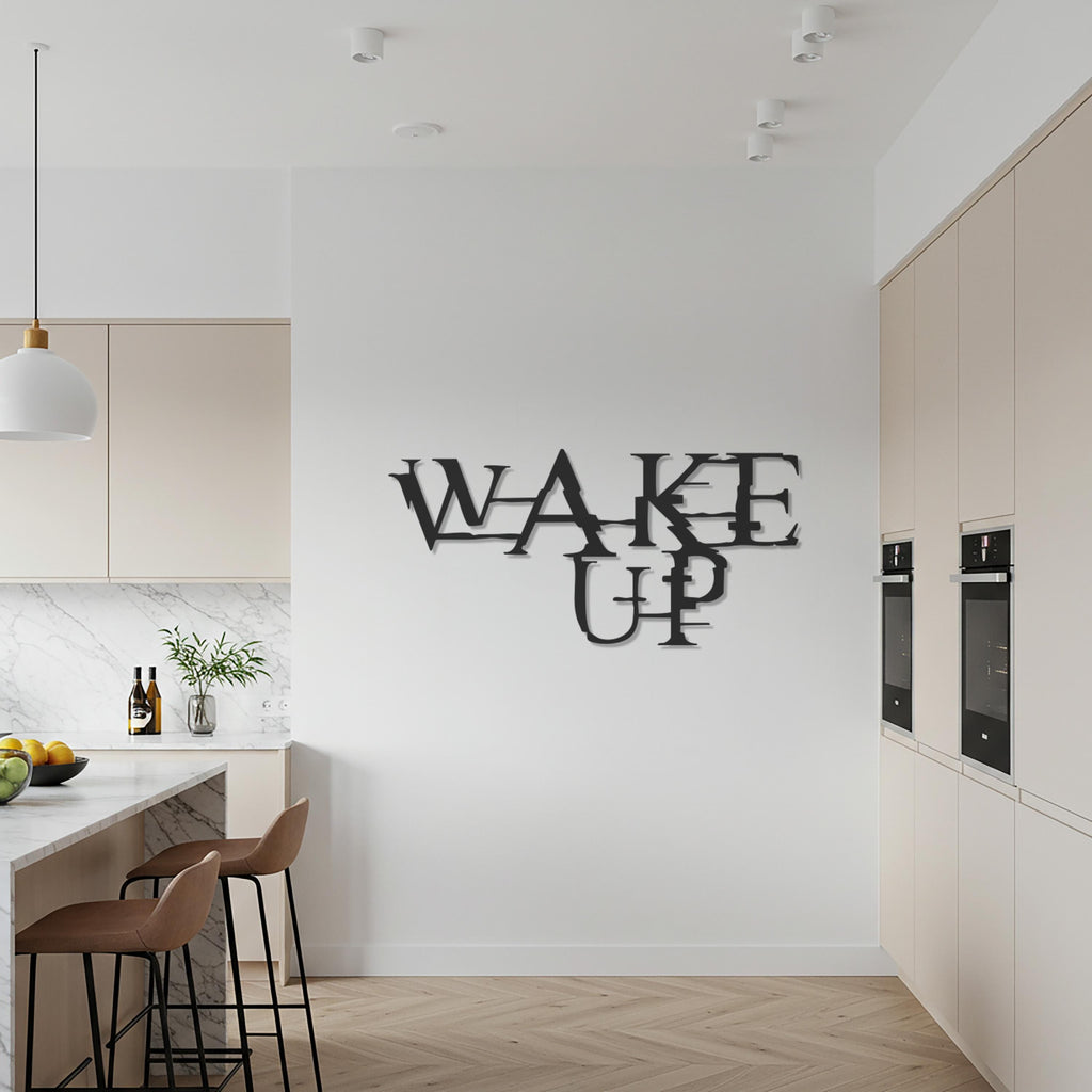 Wake Up Metal Wall Art, Modern Motivational Word Sign, Bold Black Typography Metal Decor, Inspirational Wall Sculpture for Home or Office