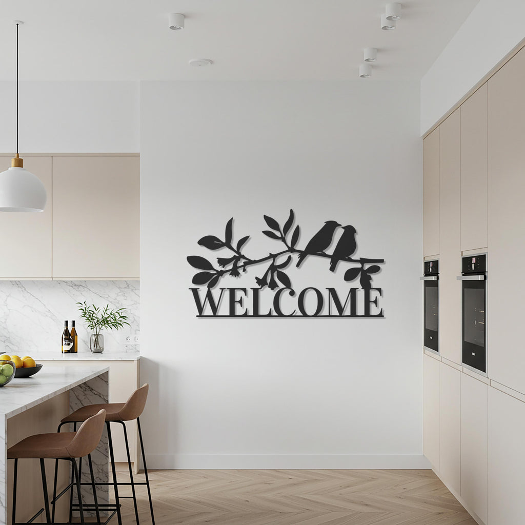 Welcome Sign, Metal Wall Art, Bird Branch Sign, Entryway Wall Decor, Modern Home Accent, Rustic Outdoor Welcome Sign, Nature Inspired Art