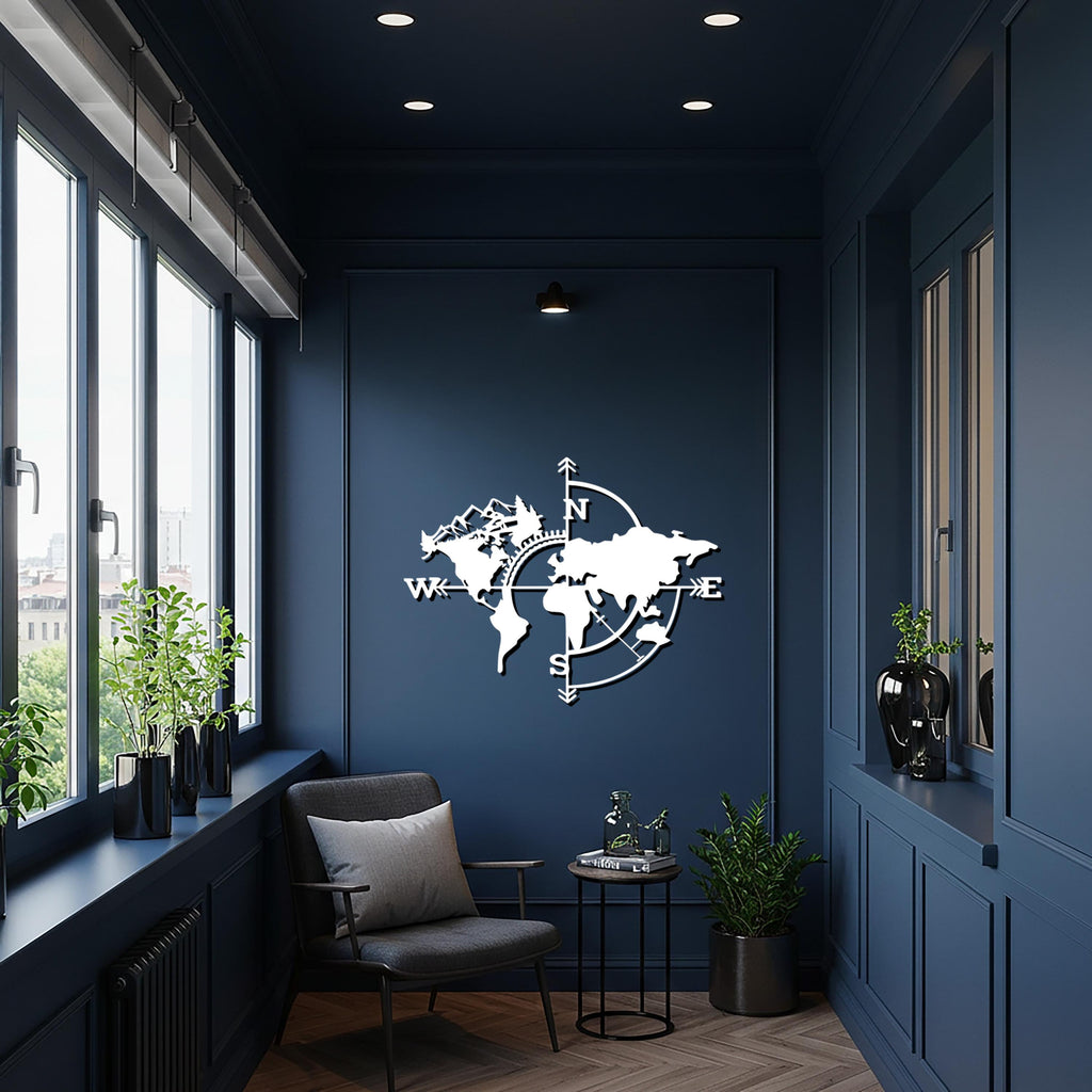 World Map Art, Compass Metal Wall Art, Travel Lover Gift, Modern Home Decor, Adventure Wall Sculpture, Minimalist Gift, World Wall Sign