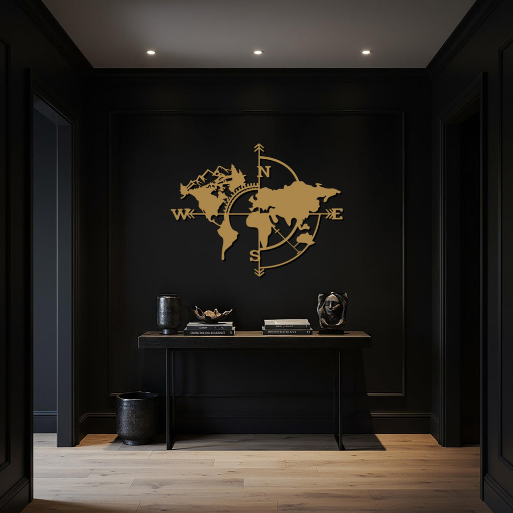 World Map Art, Compass Metal Wall Art, Travel Lover Gift, Modern Home Decor, Adventure Wall Sculpture, Minimalist Gift, World Wall Sign