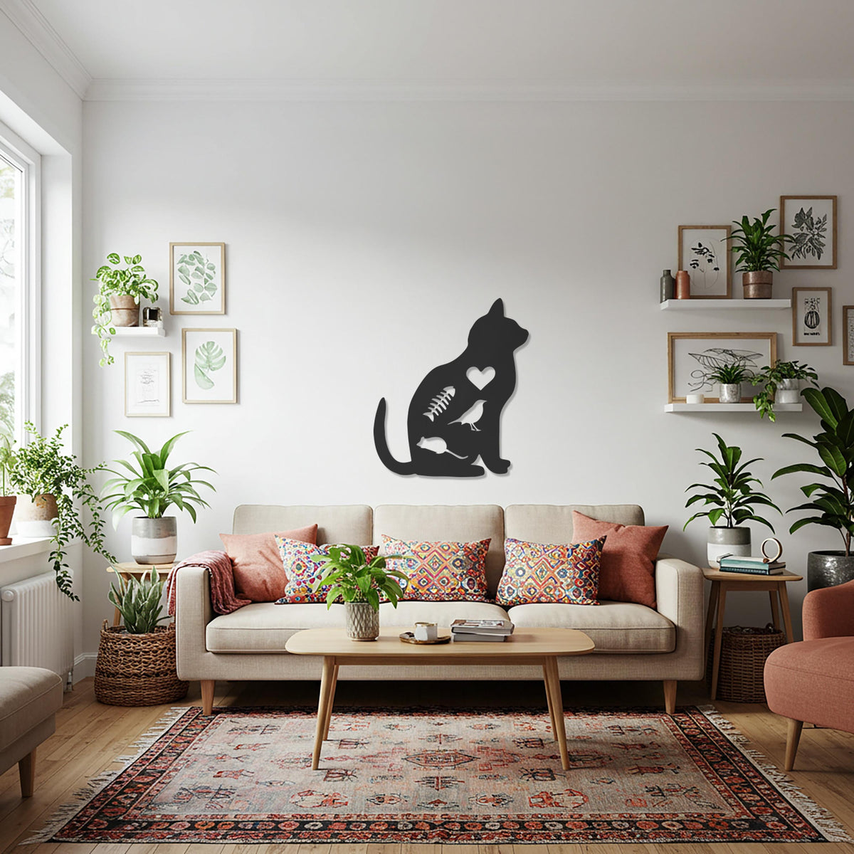 Cat Metal Wall Art, Minimal Cat Silhouette Decor, Heart Cutout Pet Lover Gift, Modern Animal Wall Sculpture, Feline Home Artwork