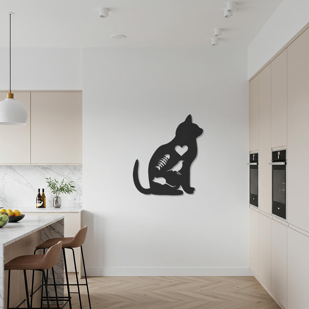 Cat Metal Wall Art, Minimal Cat Silhouette Decor, Heart Cutout Pet Lover Gift, Modern Animal Wall Sculpture, Feline Home Artwork