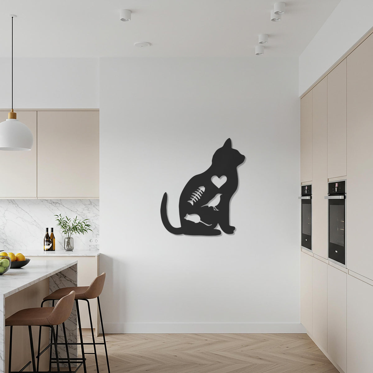 Cat Metal Wall Art, Minimal Cat Silhouette Decor, Heart Cutout Pet Lover Gift, Modern Animal Wall Sculpture, Feline Home Artwork
