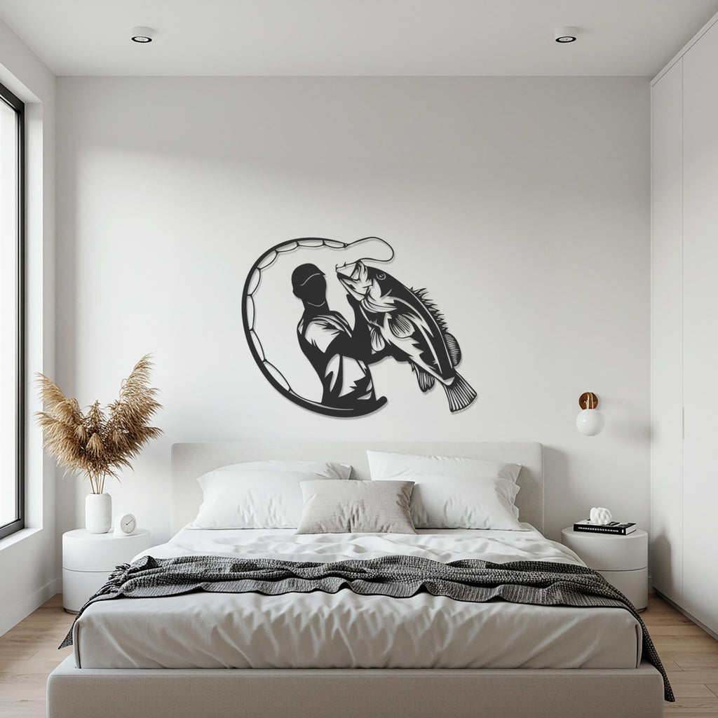 Fisherman Metal Wall Art, Fishing Decor, Black Metal Angler Wall Sign, Rustic Cabin Decor, Gift for Dad or Outdoorsman, Bass Fish Art