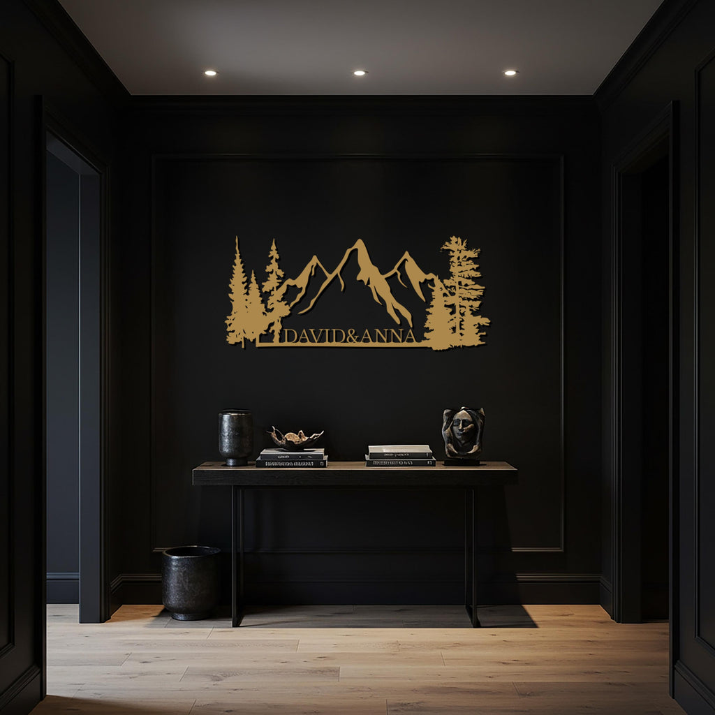 Personalized Mountain Metal Wall Art, Custom Name Outdoor Cabin Decor, Forest Landscape Metal Sign, Rustic Nature Home Wall Hanging