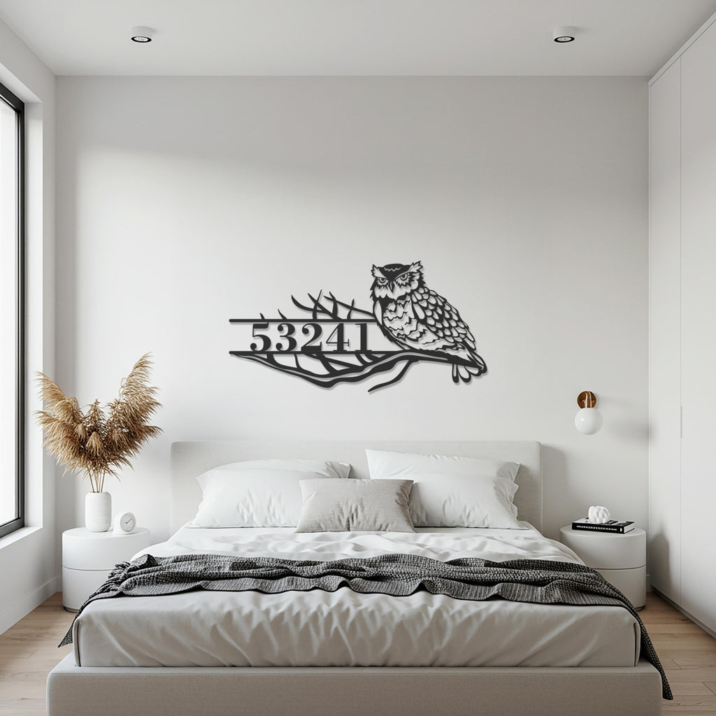 Custom Sign, Modern Wall Art, Owl Wall Sign, House Number Sign, Metal Address Plaque, Outdoor Wall Art, Home Number Sign, Personalized Gift