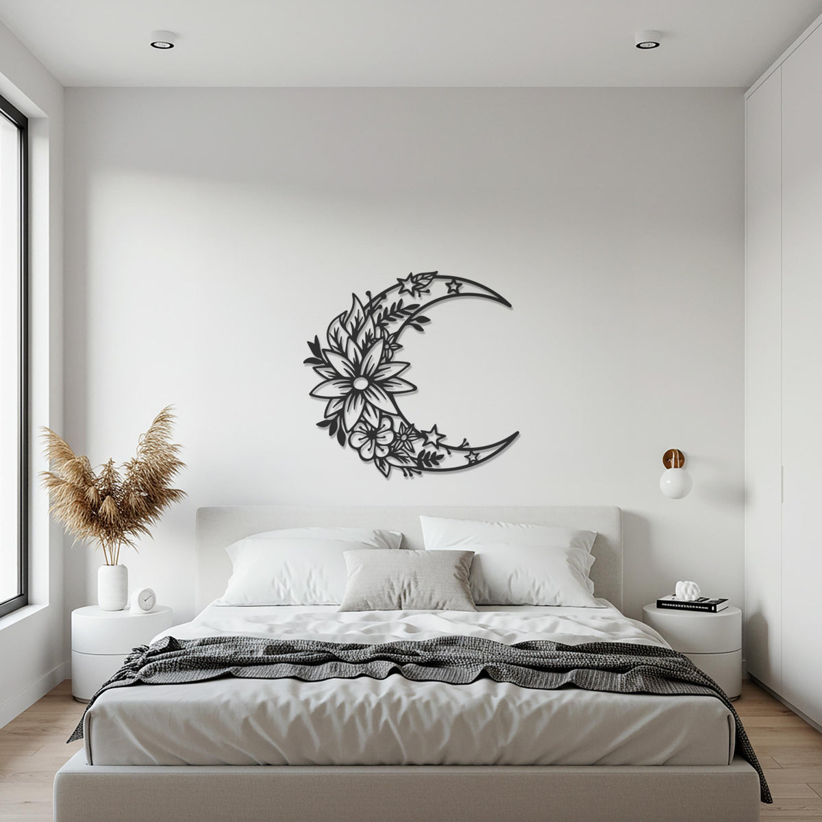Floral Sign, Moon Wall Art, Metal Wall Art, Boho Crescent Moon Decor, Celestial Home Design, Modern Bedroom Wall Sculpture, Moon Lover Gift