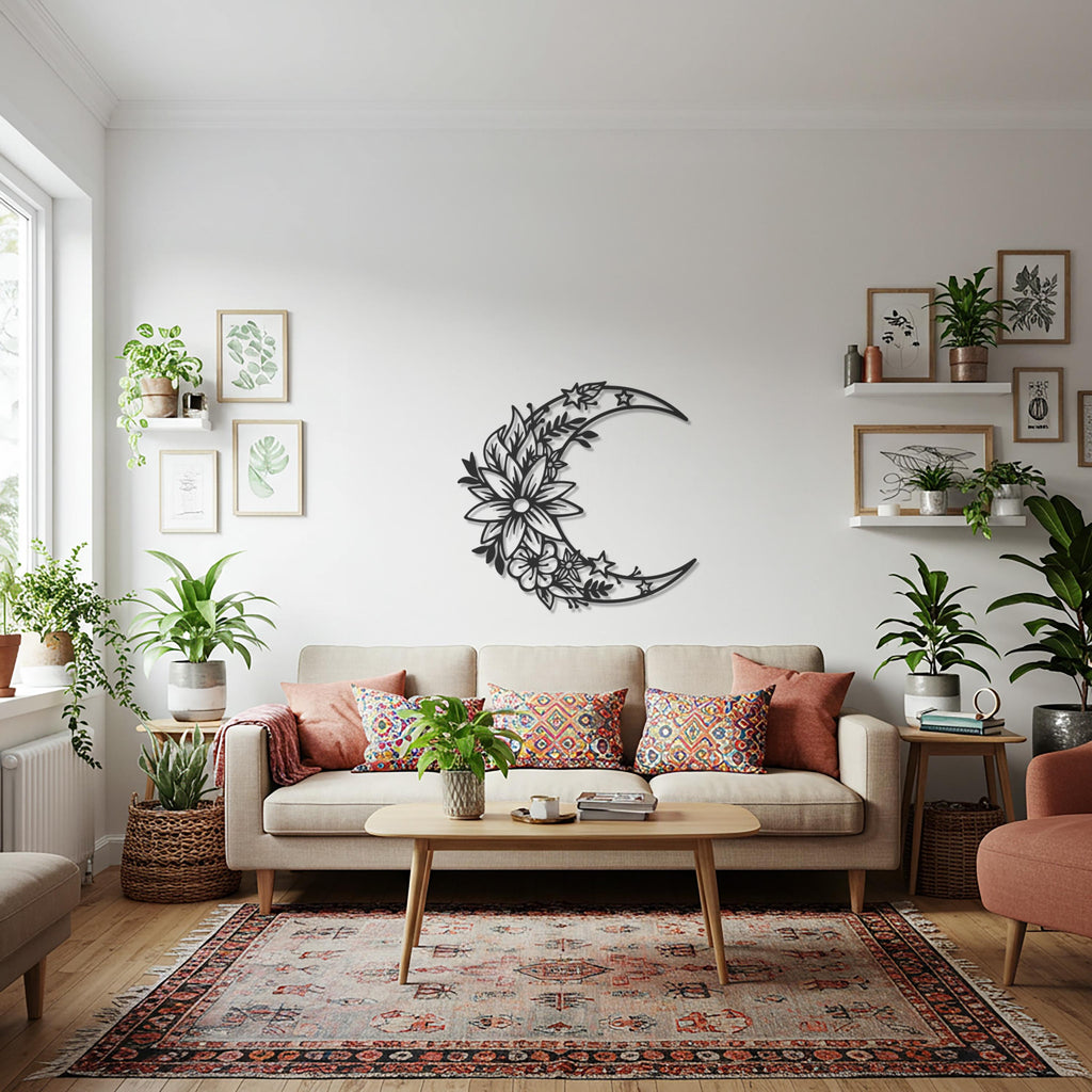 Floral Sign, Moon Wall Art, Metal Wall Art, Boho Crescent Moon Decor, Celestial Home Design, Modern Bedroom Wall Sculpture, Moon Lover Gift