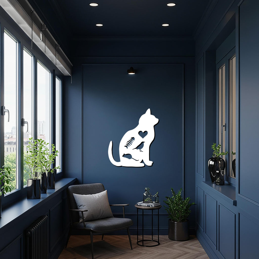 Cat Metal Wall Art, Minimal Cat Silhouette Decor, Heart Cutout Pet Lover Gift, Modern Animal Wall Sculpture, Feline Home Artwork