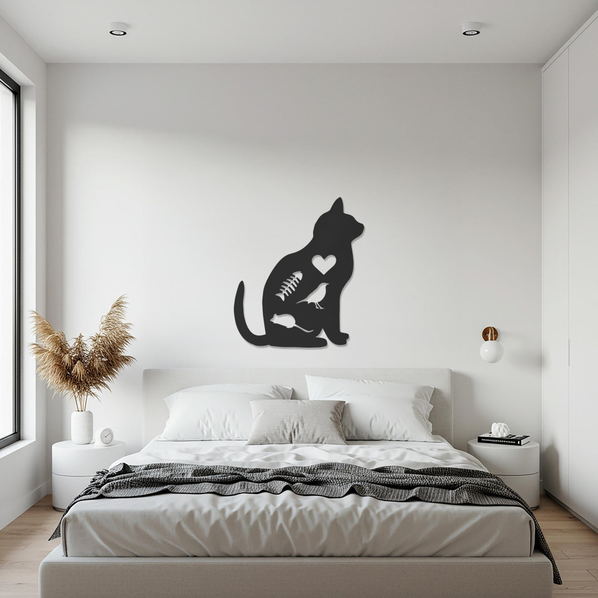 Cat Metal Wall Art, Minimal Cat Silhouette Decor, Heart Cutout Pet Lover Gift, Modern Animal Wall Sculpture, Feline Home Artwork