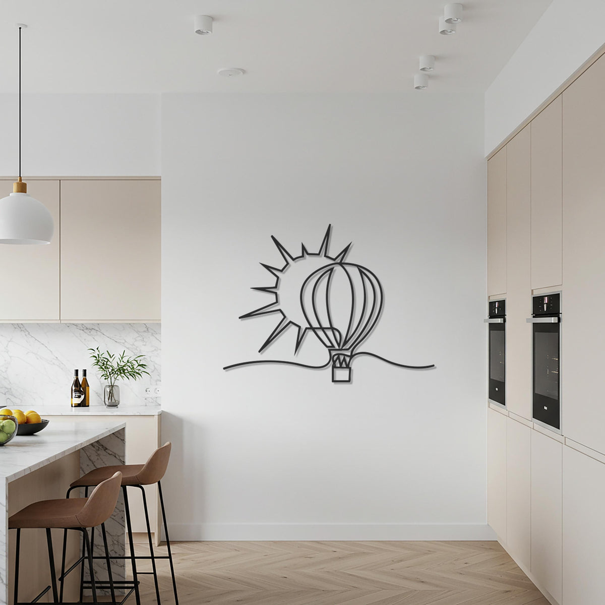 Sun Wall Sign, Hot Air Balloon Metal Wall Art, Minimalist Travel Decor, Modern Line Art Wall Hanging, Adventure Gift, Living Room Metal Sign