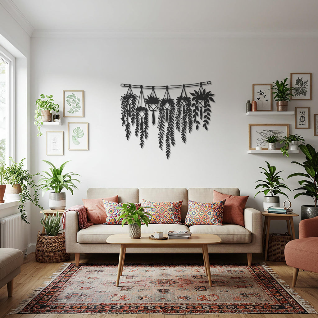 Hanging Plants Metal Wall Art, Boho Style Plant Decor, Modern Floral Wall Hanging, Garden Home Decor, Plant Lover Gift, Nature Wall Art