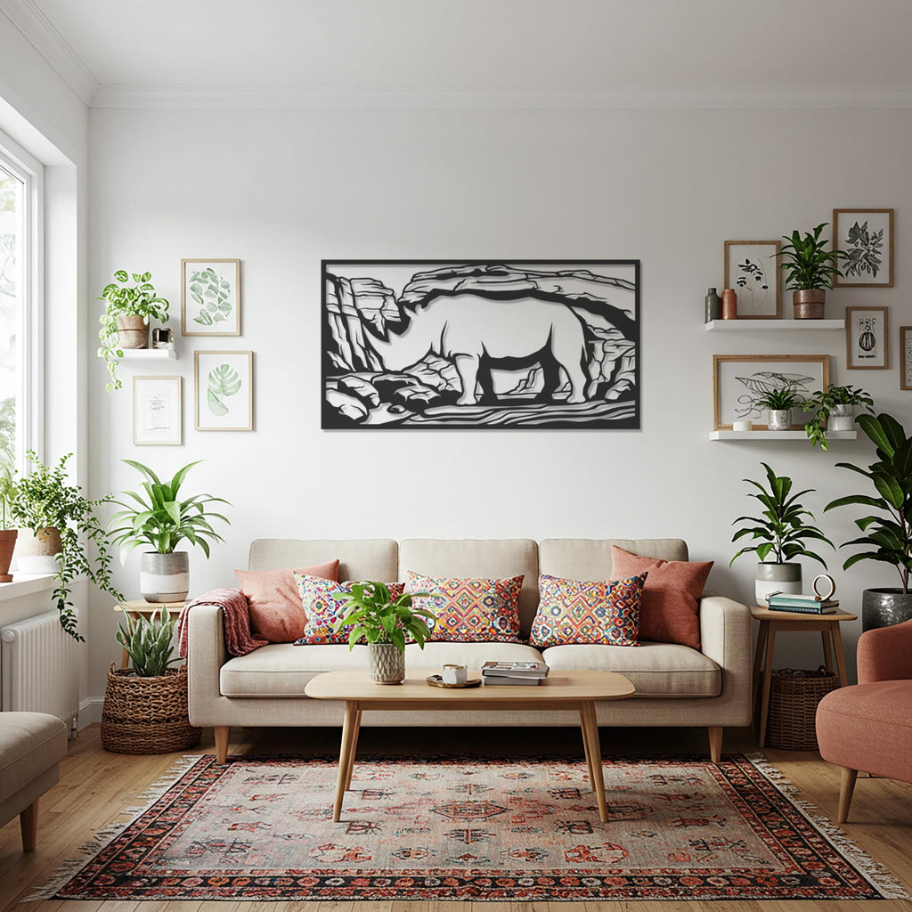 Rhino Metal Wall Art, Safari Animal Wall Decor, Wildlife Metal Sculpture, African Landscape Decor, Rustic Home Accent, Animal Lover Gift